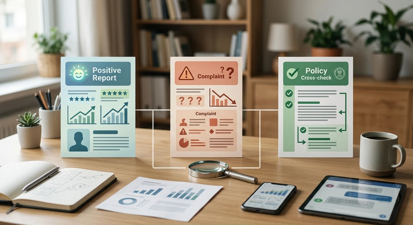 Positive player reports, withdrawal complaints and policy checks compared side by side