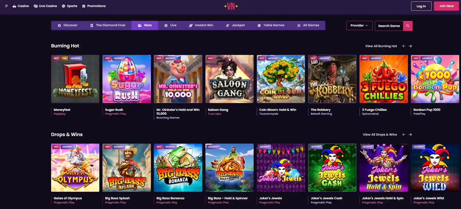 Vegas Now Australia pokies lobby with slot and jackpot categories
