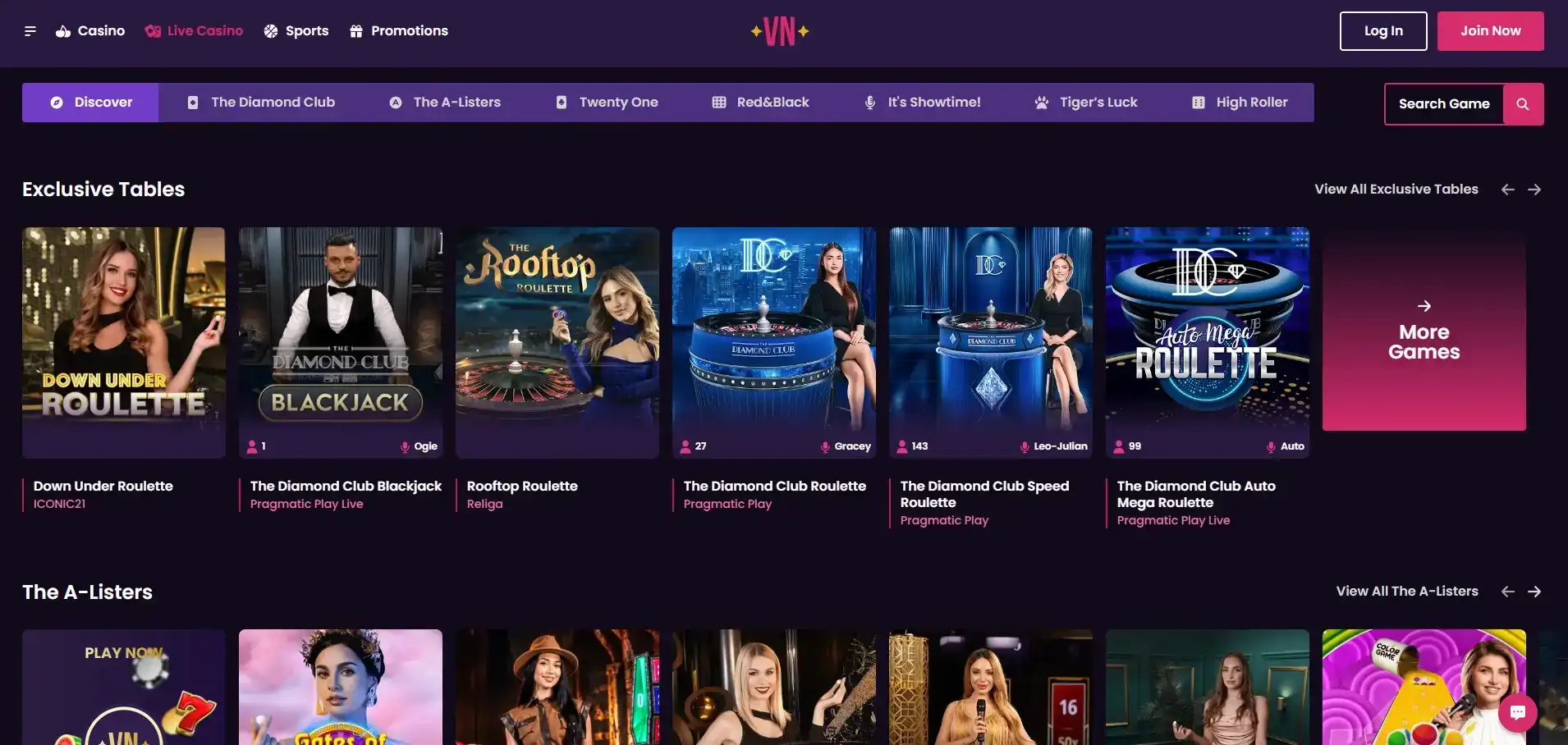 Vegas Now Australia live casino lobby with dealer and table categories