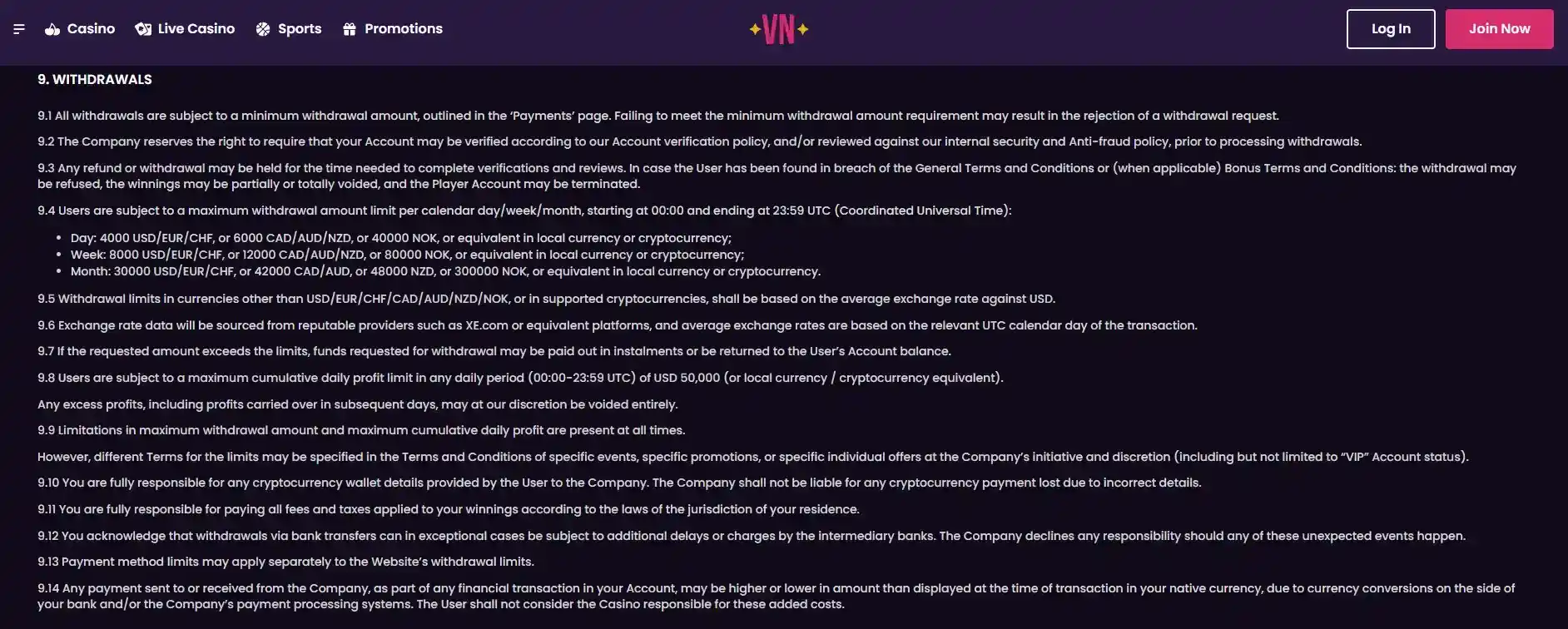 Vegas Now terms covering withdrawal limits and account verification