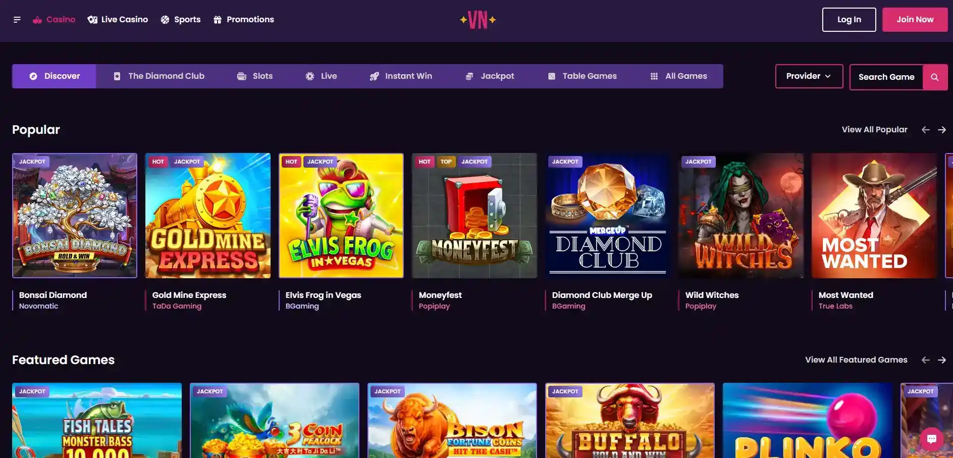 Vegas Now Australia homepage with casino categories and account access