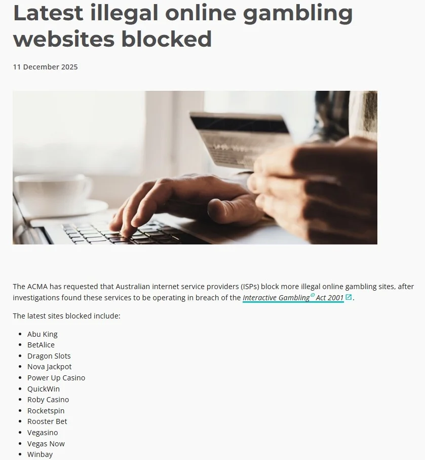 ACMA website-blocking material that names Vegas Now